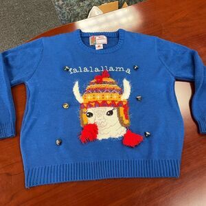 Blue Acrylic Christmas Sweater Falalallama sz L/XL